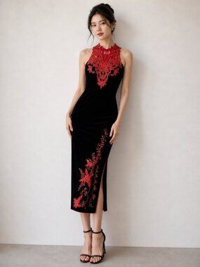 Vintage Cheongsam Qipao Dress Gown Black Velvet Red Long Maxi Hand Sewn Lace XS